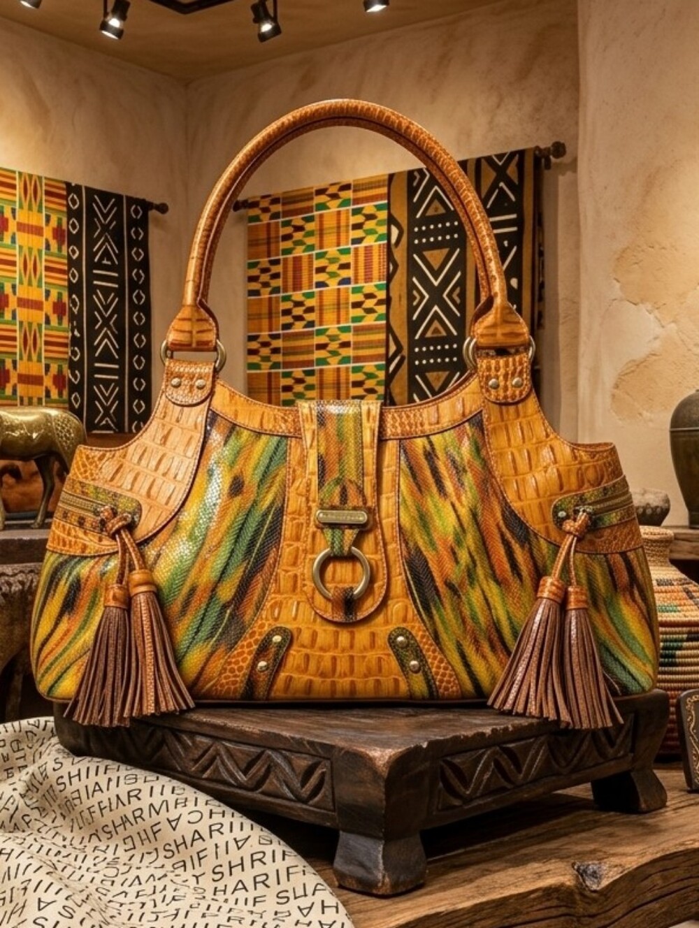 SHARIF Croc-Texture Leather Bag Multicolor Accent and Tassels - EC
